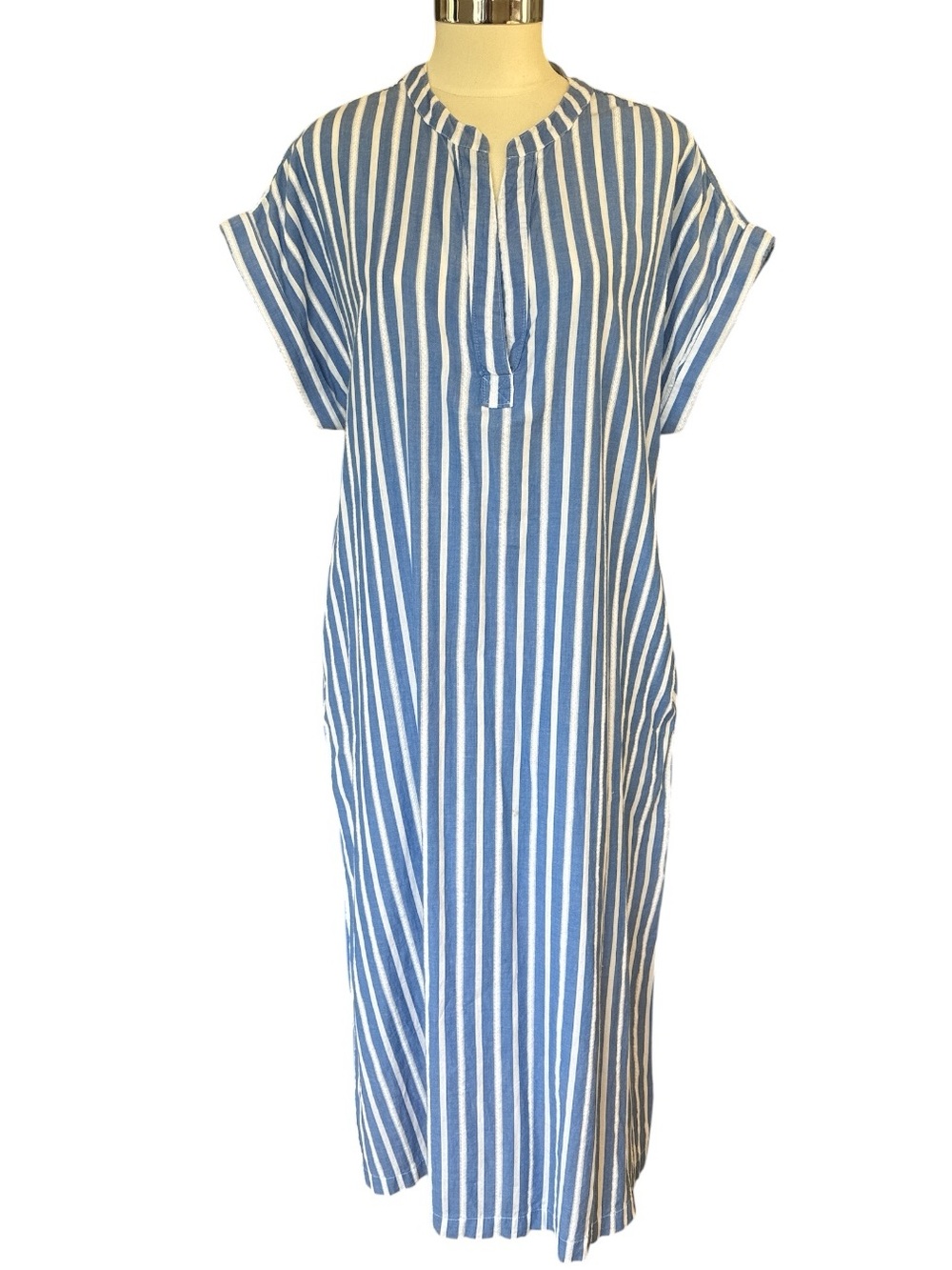 Landry Yarn Dye Woven Short Sleeve Split Collared Long Caftan Cotton Dress L